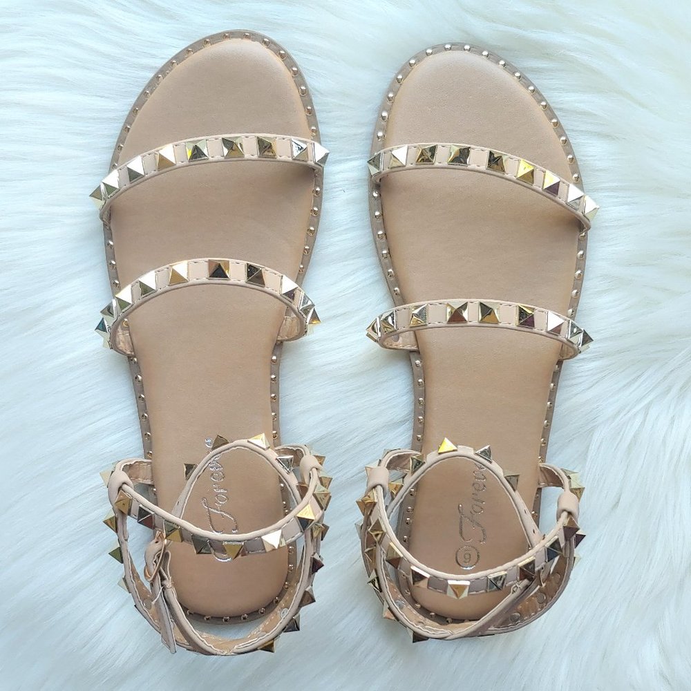 𝔹𝕆𝔾𝕆 Taupe Studded Strappy Vegan Leather Sandals - Picture 2 of 5
